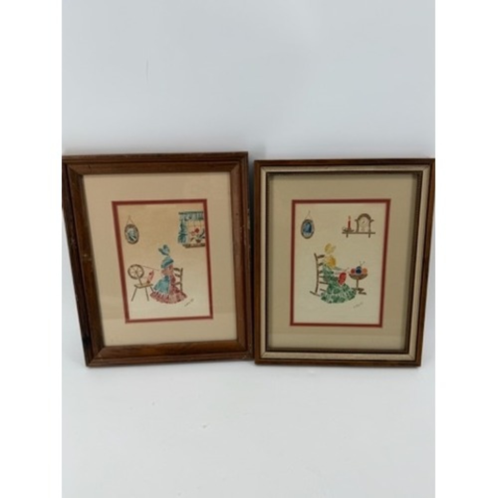 Vintage Loraine Neff Postage Stamp Art Set of 2 Framed Collage Folk Art Colonial